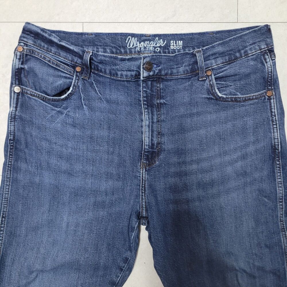 Wrangler Retro Jeans Mens 38x32 Blue Dark Wash Slim Boot Cut Cowboy 77MWZVT